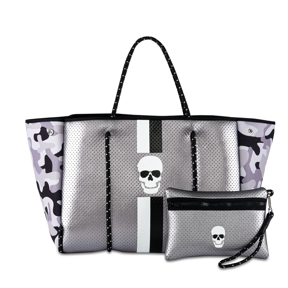 Haute Shore Greyson Neoprene Tote. Gray and Black Tote with camo.